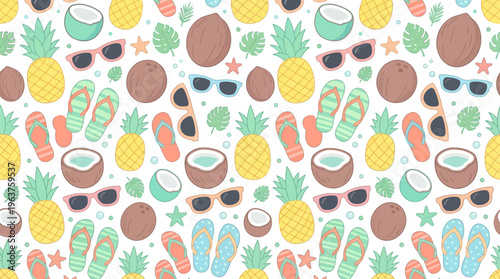 Colorful Tropical Fruit Pattern with Coconuts, Pineapples, and Palms in Bright Illustration.
