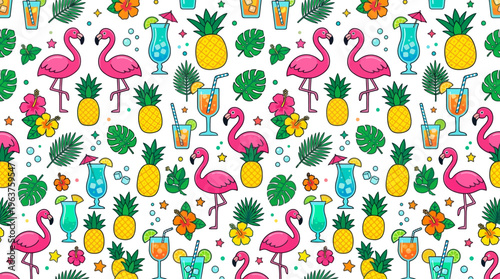 Colorful tropical pattern featuring flamingos, pineapples, flowers and lush leaves across a playful decorative fabric design.