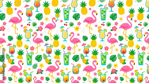 Colorful Flamingo and Pineapple Tropical Pattern with Drinks and Flowers for Seamless Background.
