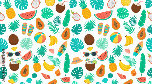 Vibrant Tropical Fruit and Leaf Pattern suitable for wallpapers and fabrics.