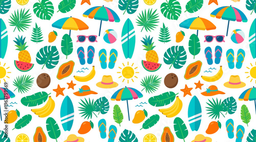 Vibrant tropical pattern featuring leaves, umbrellas and beach elements in a colorful seamless design.