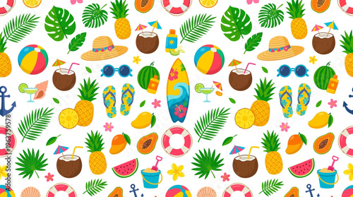 Vibrant Summer Beach Collage Featuring Surfboard, Fruits, Palms, and Tropical Essentials.