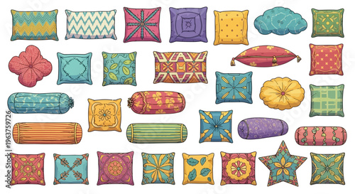 Pillow big set with decorative pattern, flat cartoon style. Interior textile. Pillows for sofa, bed, sleep. Feather, bamboo eco fabric. Colorful cushion various shapes design