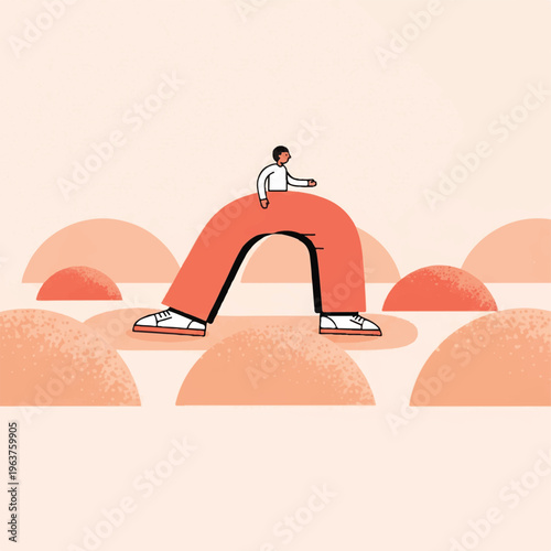 Small person riding on large, bent leg-like structure amidst abstract peach hills, symbolizing journey, progress, or support in a minimalist illustration.