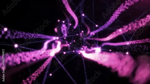 Wallpaper Mural An abstract digital video of shimmering data particles in royal purple, fuchsia, and rose pink, flowing through a deep black cyberspace with soft-focus glow and bokeh. AI computation concept Torontodigital.ca