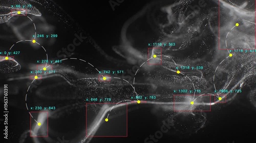 Computer Vision with Object Recognition Scanner Overlay. Big Data. CCTV AI Interface Scanning. Blob Tracking Lines, Coordinates, Bounding Boxes. Plexus style connections. Abstract Flow, black n white