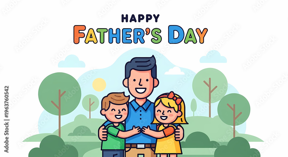 Naklejka premium A cartoon image of a father and his two children on father's day father's day family love happy fami