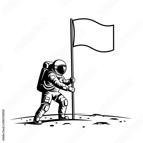 Astronaut Planting Blank Flag on Surface.