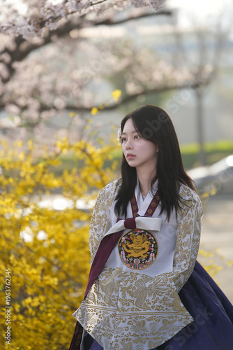 벚꽃 사이에서 한복을 입은 여성의 봄 감성 초상