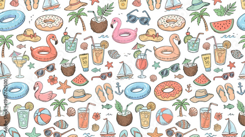 Colorful seamless summer beach pattern with tropical icons.