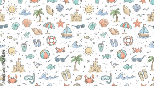 Seamless hand-drawn summer beach and nautical pattern with seaside icons.