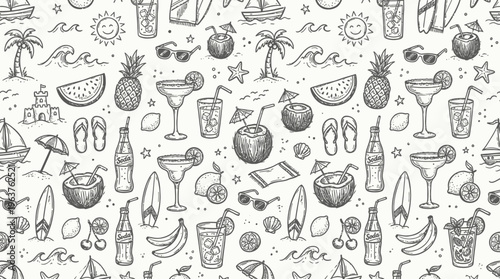 Hand-drawn seamless pattern of tropical cocktails and fruits.