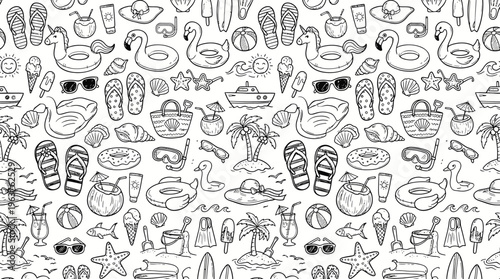 Seamless hand-drawn beach summer doodle pattern with nautical icons.