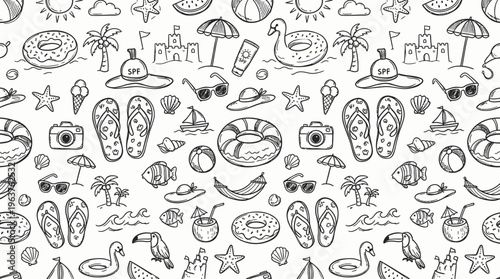 Cuadro en lienzo Hand-drawn seamless black and white beach doodle pattern for summer designs