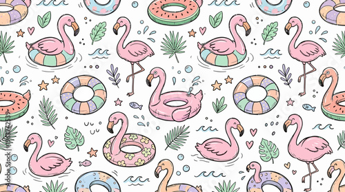 Seamless pastel flamingo pool float and donut summer pattern illustration.