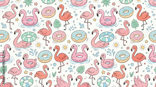 Seamless pastel flamingo pool float pattern with donuts and shells.