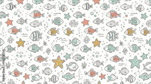 Seamless hand-drawn marine pattern with colorful fish and starfish.