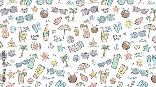 Seamless summer travel and beach vacation pattern illustration.