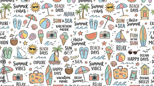 Seamless colorful summer travel and beach doodle pattern.