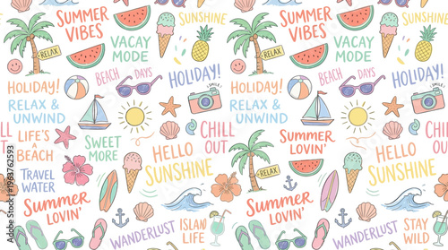 Colorful hand-drawn summer vacation pattern with beach icons and tropical motifs.