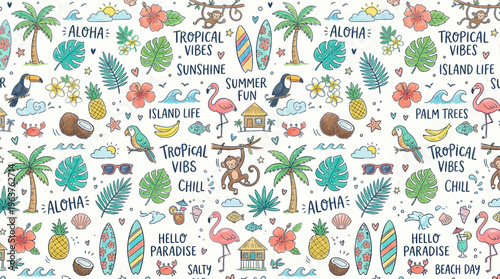 Seamless tropical summer pattern with pineapples palm trees and beach motifs.