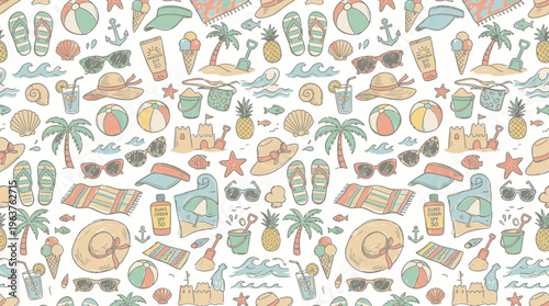 Seamless summer beach travel pattern with tropical vacation icons and accessories.