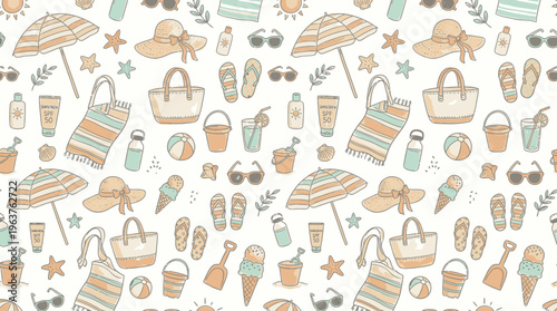 Pastel seamless summer beach pattern with playful accessories.