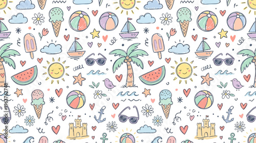 Hand-drawn seamless summer beach doodle pattern with playful vacation icons.