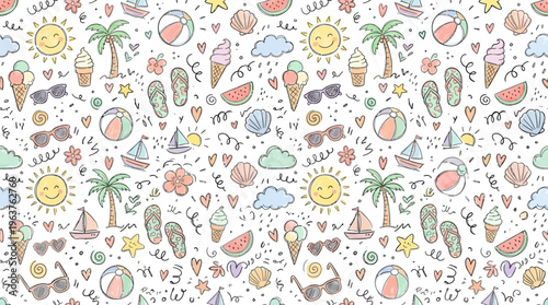 Seamless colorful summer vacation doodle pattern with playful beach icons.