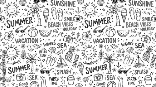 Hand-drawn summer vacation doodle pattern with beach icons.
