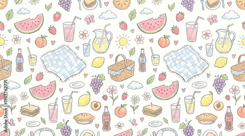 Seamless hand drawn summer picnic pattern with fruit and refreshing drinks.