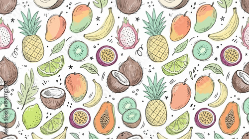 Hand-drawn watercolor seamless pattern of tropical fruits and colorful botanical motifs.