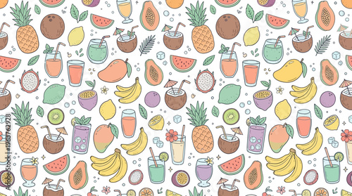 Colorful seamless pattern of tropical fruits and smoothie cups.