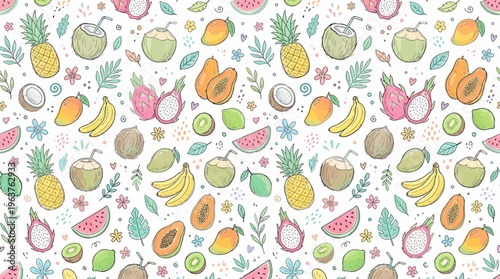Seamless tropical fruit pattern with playful colorful illustrations.
