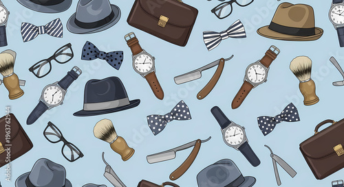 A colorful assortment of men's accessories on a light blue background with various items scattered a