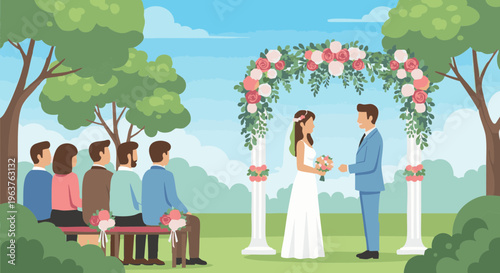 Bride and groom at an outdoor wedding ceremony under a floral arch with guests