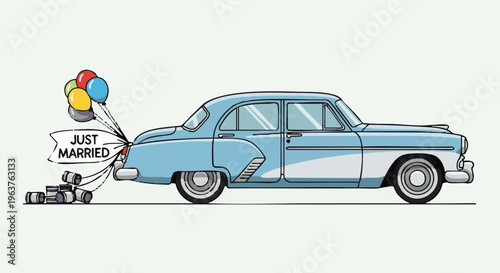 Just married vintage car with balloons and cans. Wedding getaway vehicle illustration on a white background