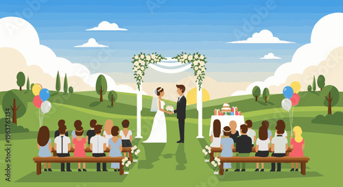 Bride and groom at an outdoor wedding ceremony with guests in a park landscape. Vector illustration