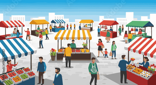 Vector illustration of a bustling city farmers market with people shopping at stalls