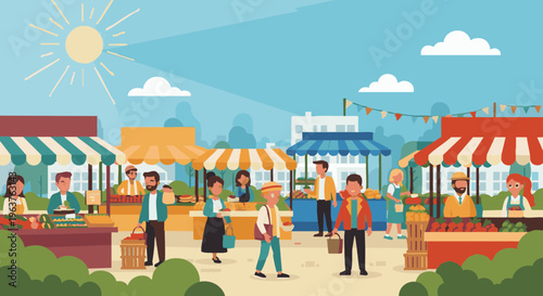 Community shopping at a sunny outdoor farmers market. Vector illustration