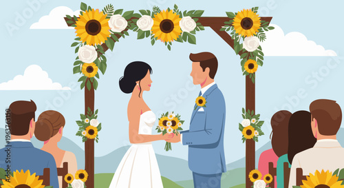Bride and groom at a rustic summer wedding ceremony under a sunflower arch
