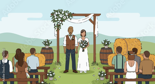 Bride and groom at a rustic country wedding ceremony under a floral arch with guests