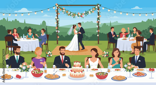 Outdoor wedding reception with bride and groom dancing