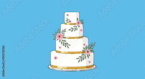 Vector illustration of a four tier wedding cake with pink flowers and gold ribbons on a blue background