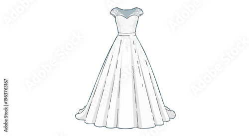 Elegant white wedding dress with lace bodice. Vector illustration of bridal gown isolated on white background