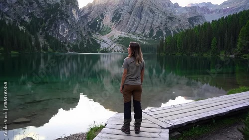 Wallpaper Mural Wide drone video of a pristine emerald mountain lake at golden hour, reflecting majestic peaks. Serene couple in earthy attire on rustic pathway, meditating, profound serenity Torontodigital.ca