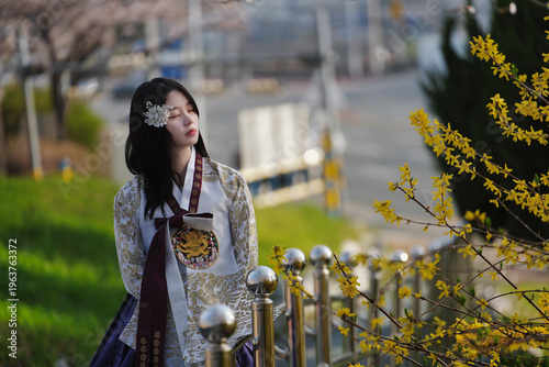 벚꽃 사이에서 한복을 입은 여성의 봄 감성 초상