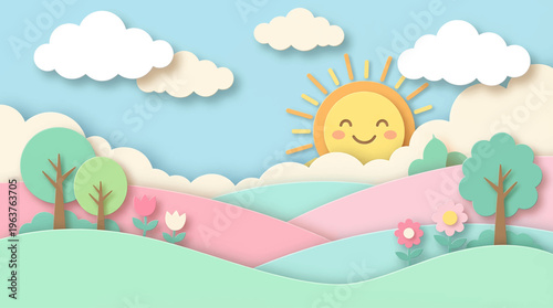 A cheerful cartoon sun smiles over rolling pastel hills and blooming flowers under a bright blue sky with fluffy clouds in a cute paper-cutout art style, evoking a sense of joy and innocence