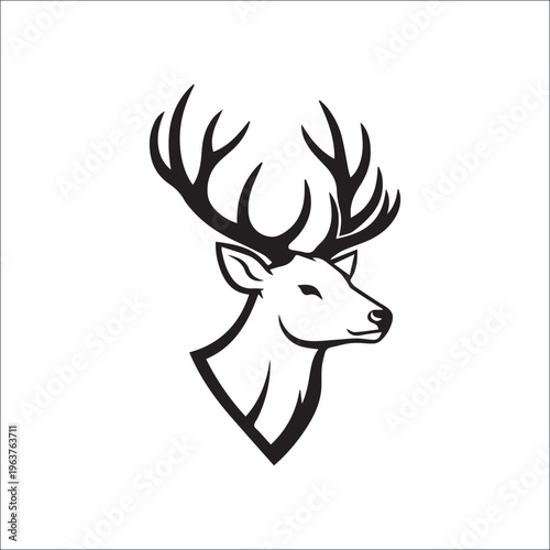 Majestic Deer Silhouette: A striking monochrome illustration of a stag's head, with its magnificent antlers, embodying strength and grace. 