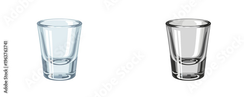 Cartoon glass shot in color and black line art styles showing empty transparent small vessel for alcohol beverage on white background
